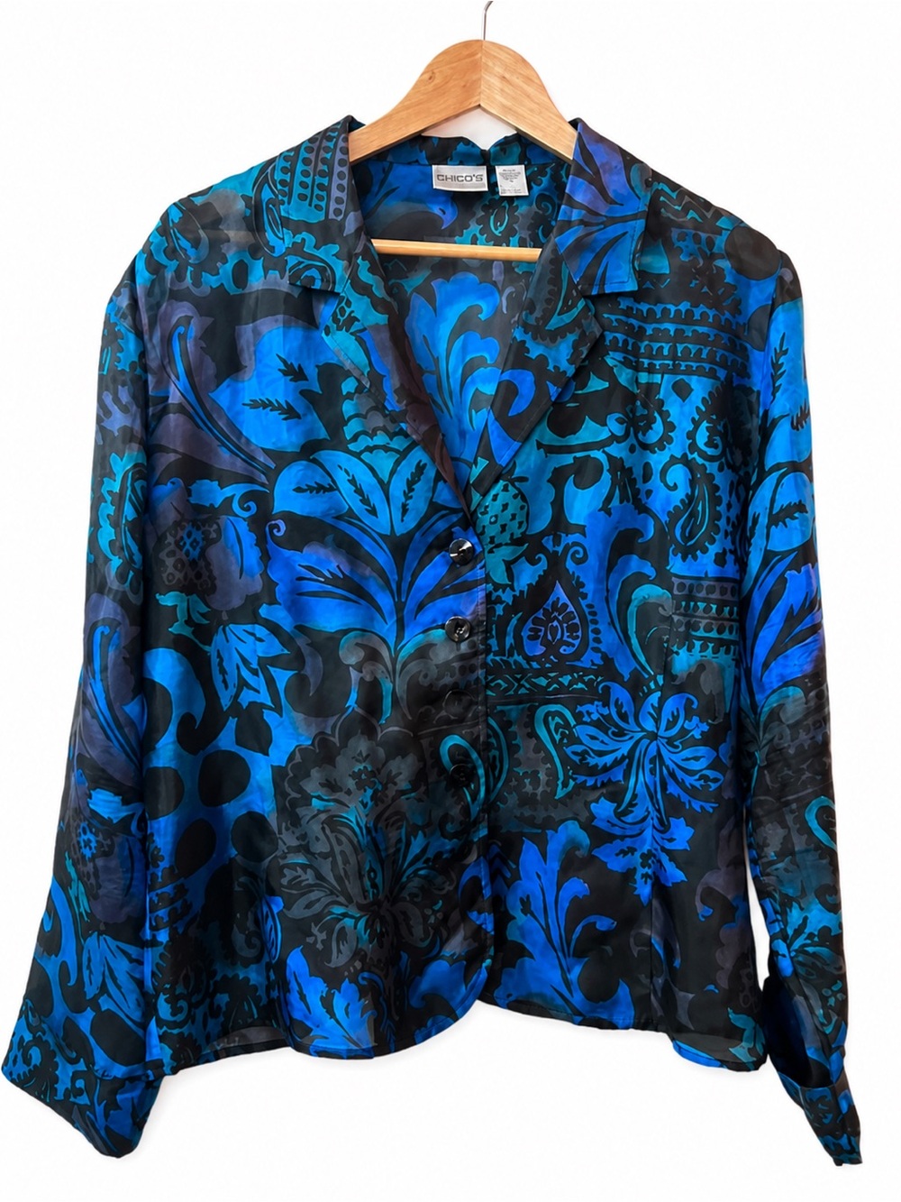Chico’s Size 2 100% Silk Blue Black Sheer Paisley Button Front Blouse